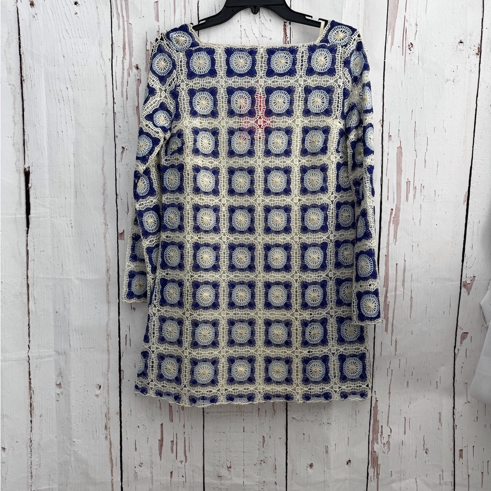 Chelsea & Violet Blue and Cream Long Sleeve Crochet Lace Dress Small